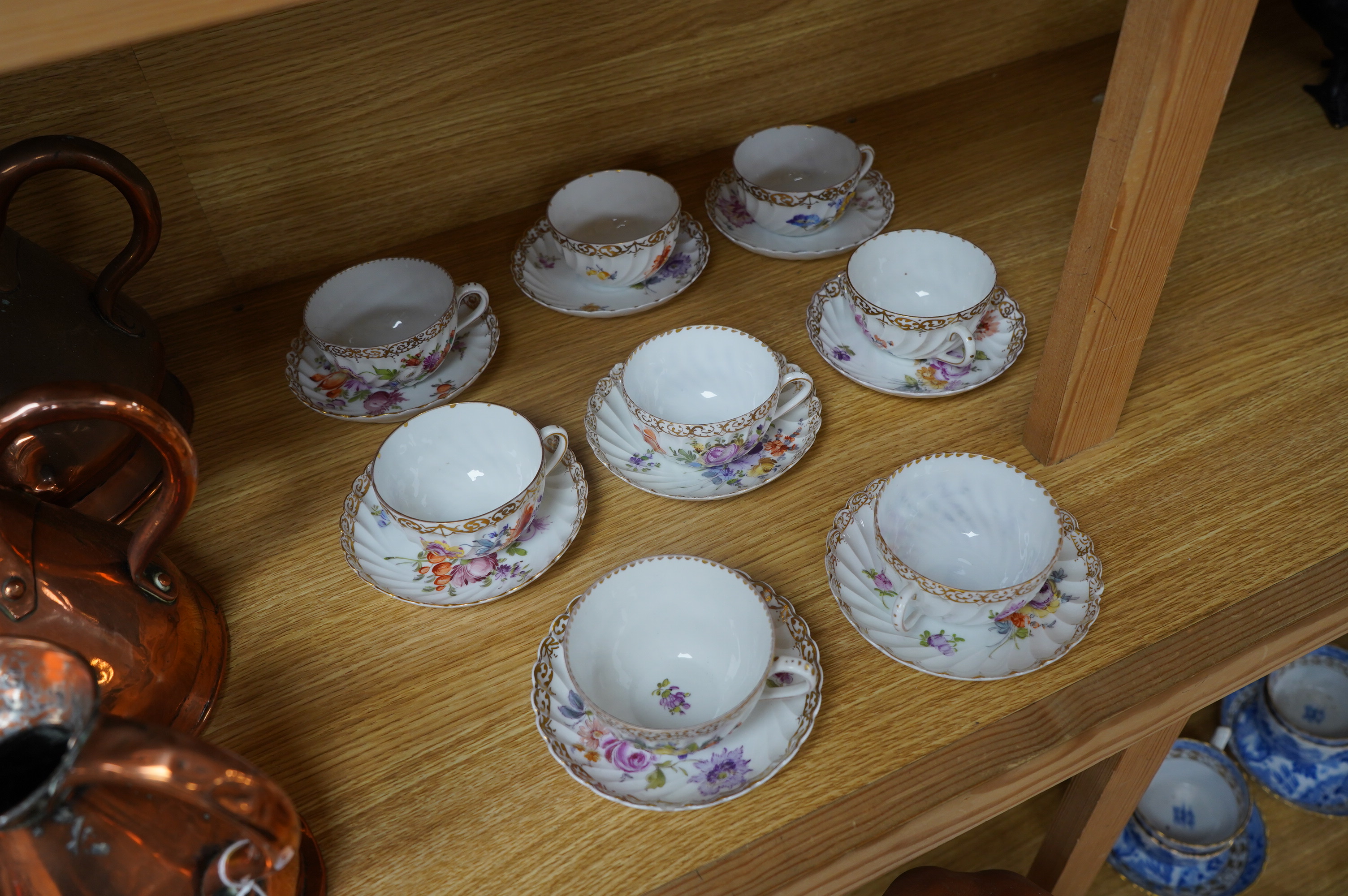 A Dresden floral decorated part tea set. Condition - fair